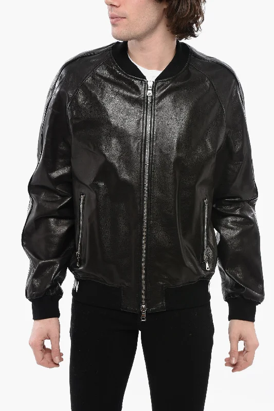 Balmain Leather Bomber Fit Jacket With Logoed Elastic Band