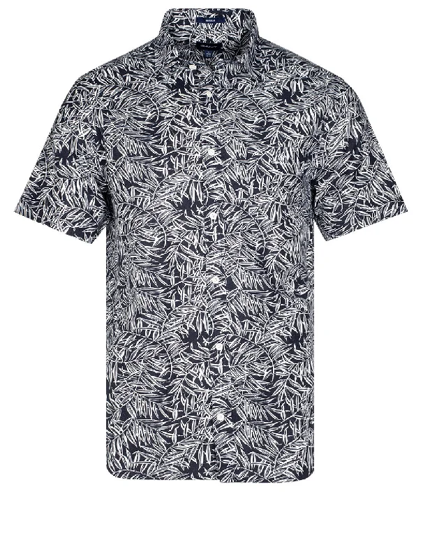 Regular Fit Leaf Print Button-down Evening Blue Youthful Men's Anime