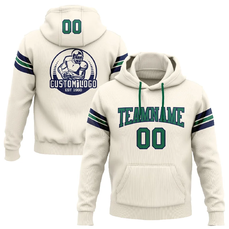 Custom Stitched Cream Kelly Green-Navy Football Pullover Sweatshirt Hoodie