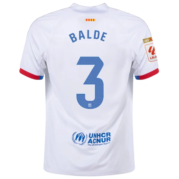 Nike Barcelona Alejandro Balde Away Jersey w/ La Liga Champions Patches 23/24 (White/Royal Blue)