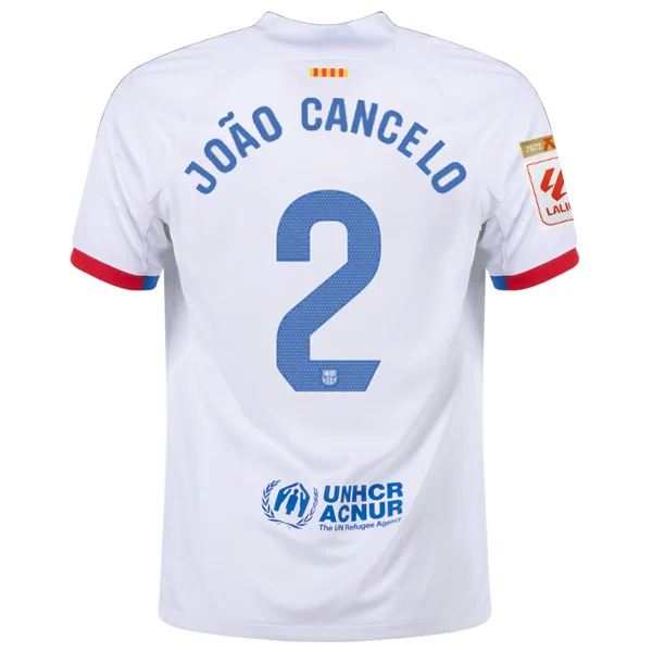 Nike Barcelona João Cancelo Away Jersey w/ La Liga Champions Patches 23/24 (White/Royal Blue)