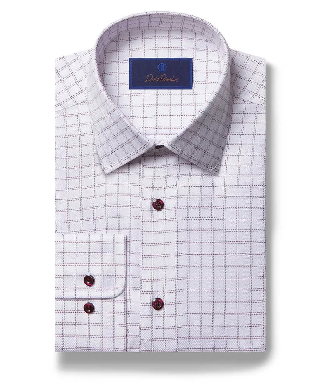 David Donahue Dress Shirt - White/Merlot Herringbone Windowpane (Regular Fit) Sporty Men's Tennis