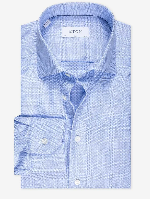 Slim Plaid Check Casual Shirt Blue Athletic Men's Compression