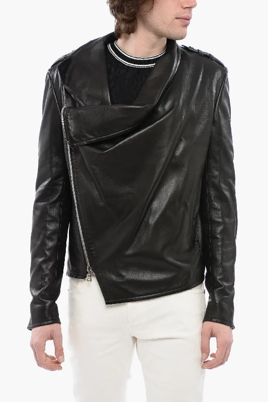 Balmain Front Draped Leather Jacket With Decentralized Zip