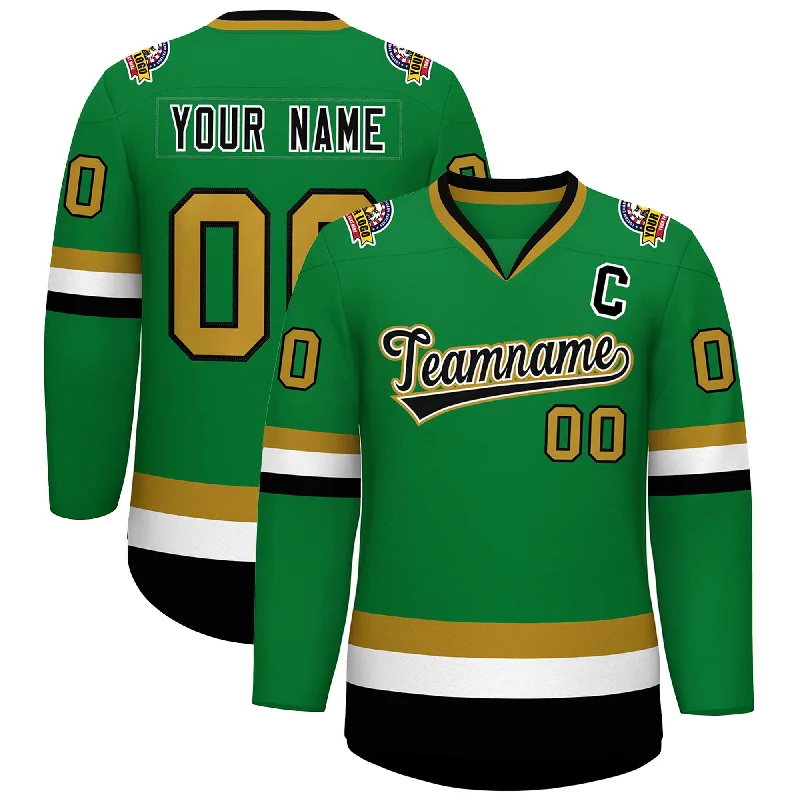 Custom Kelly Green Black White-Old Gold Classic Style Hockey Jersey