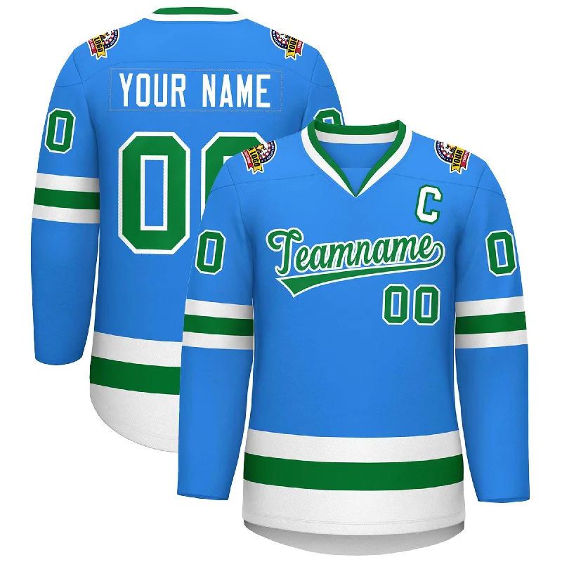 Custom Powder Blue Kelly Green-White Classic Style Hockey Jersey