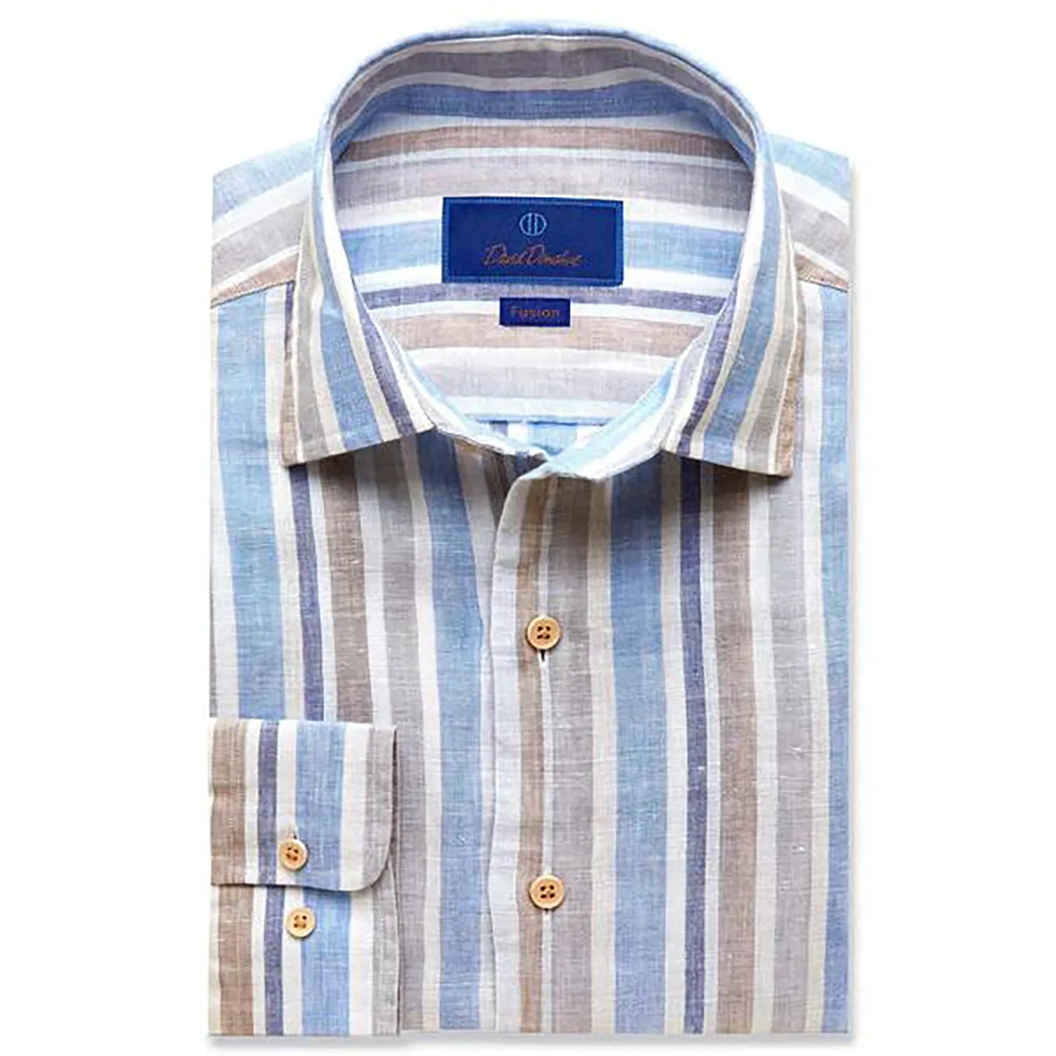 David Donahue Fusion Shirt Linen Blend (Blue/Tan Stripe) Sophisticated Men's 