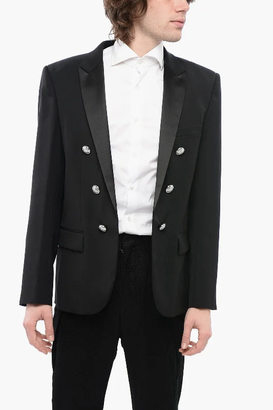 Balmain Double-Breasted Wool Blend Blazer With Satin Lapel