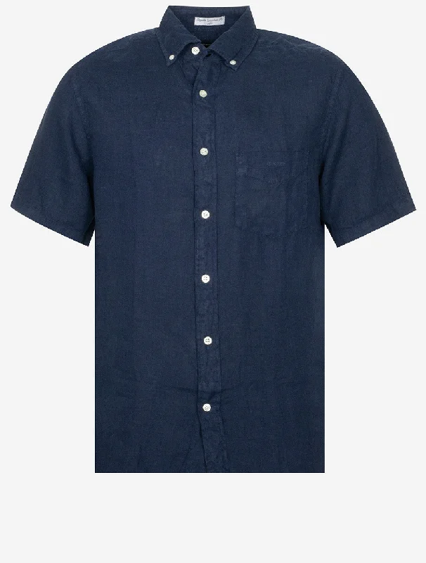 Regular Fit Garment Dyed Linen Short Sleeve Shirt Marine Casual Men's Loose