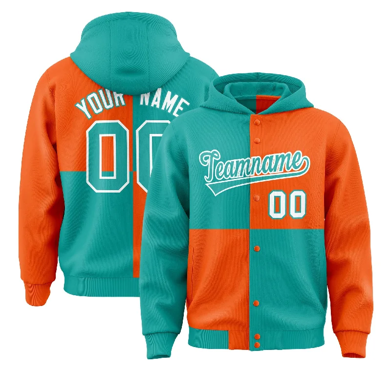 Custom Aqua Orange Varsity Full-Snap Four Squares Color Block Letterman Jacket Hoodie