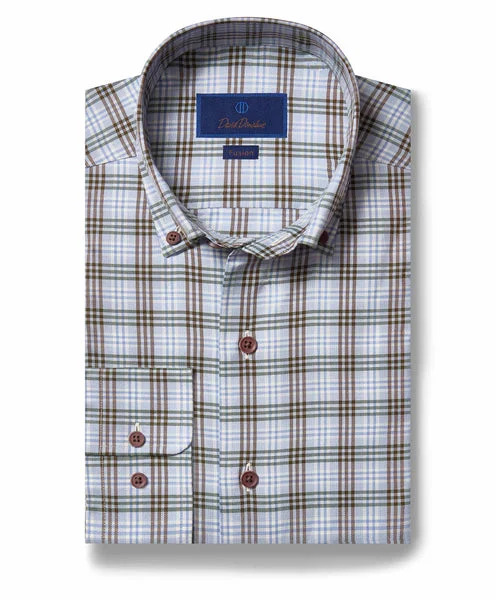 David Donahue Fusion Shirt - Green and Brown Plaid Sleek Men's Metallic