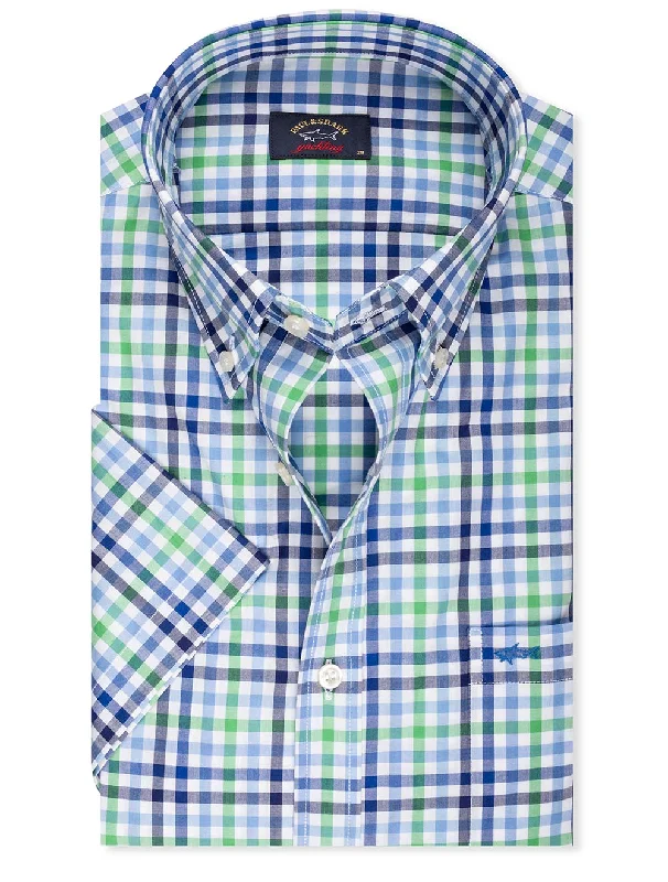 Buttondown Shortsleeve Gingham Check Shirt Green Sporty Men's Athleisure 