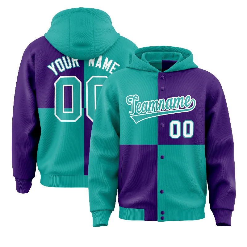 Custom Aqua Purple Varsity Full-Snap Four Squares Color Block Letterman Jacket Hoodie