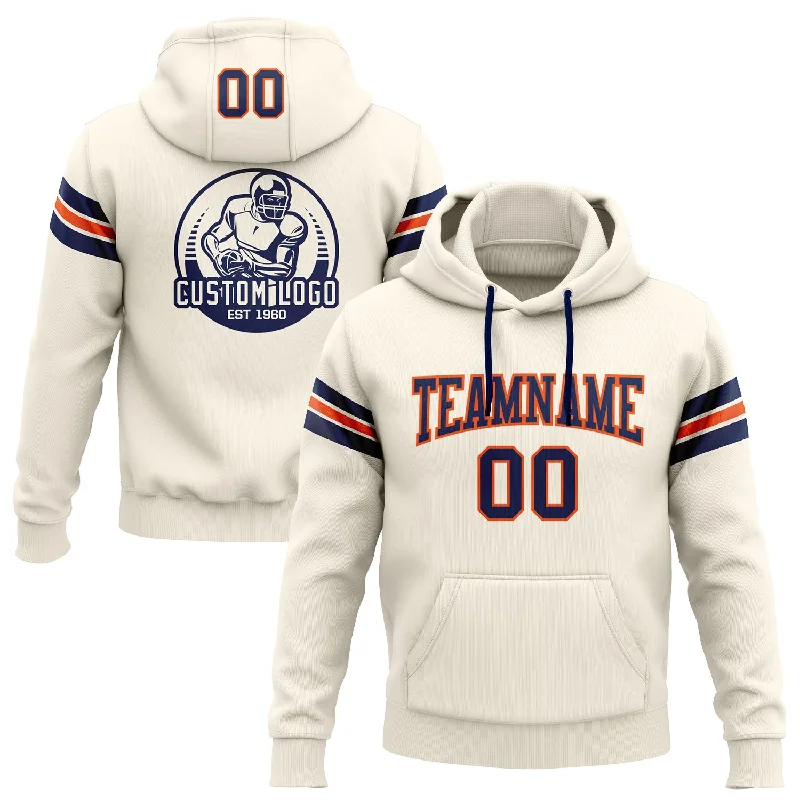 Custom Stitched Cream Navy-Orange Football Pullover Sweatshirt Hoodie