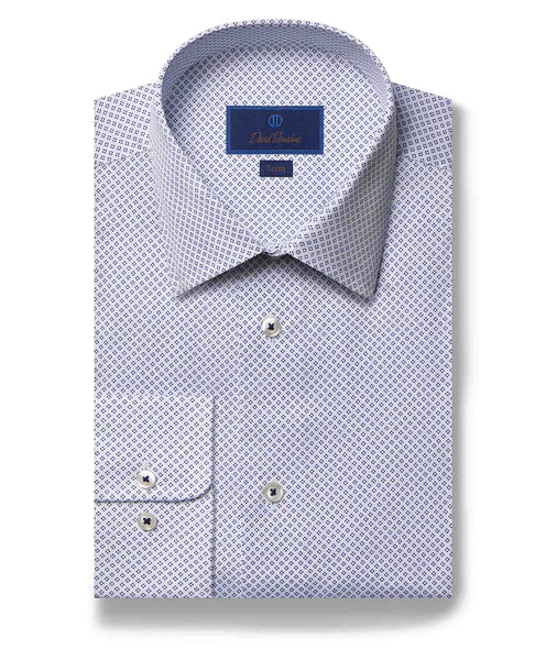 David Donahue Dress Shirt - White/Navy Geometric Print (Trim) Masculine Men's Thick