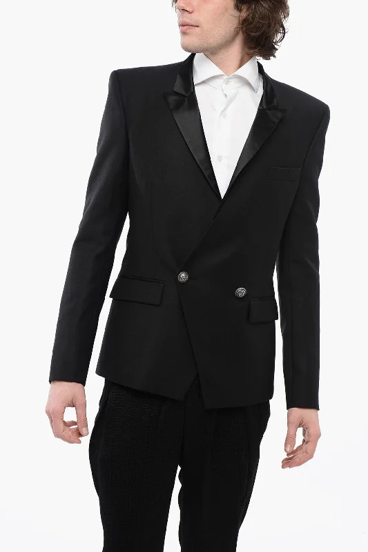 Balmain Double-Breasted Wool Blazer With Satin Peak Lapel