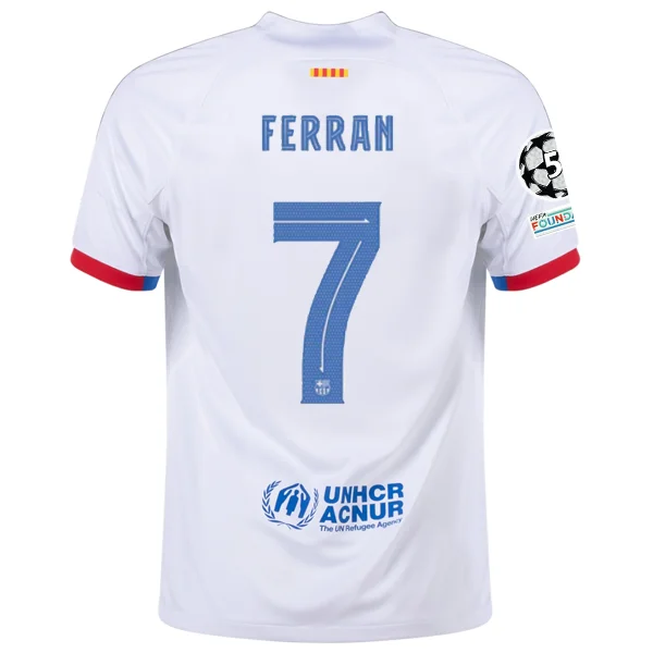 Nike Barcelona Ferran Torres Away Jersey w/ Champions League Patches 23/24 (White/Royal Blue)