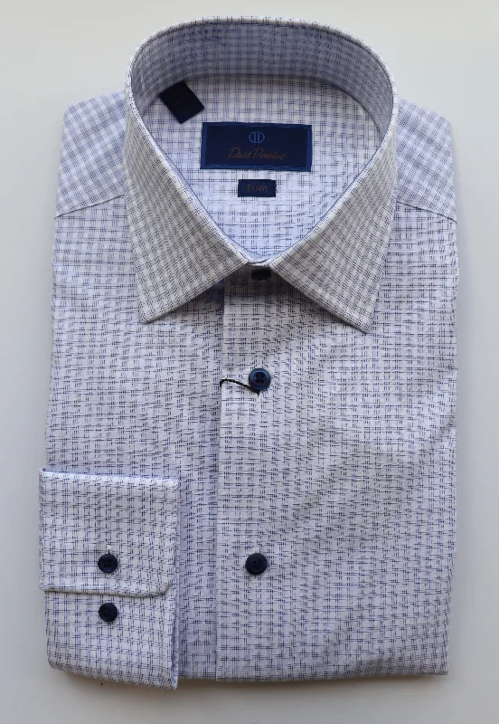 David Donahue White/Blue Dress Shirt (Trim Fit) Unique Men's Patch