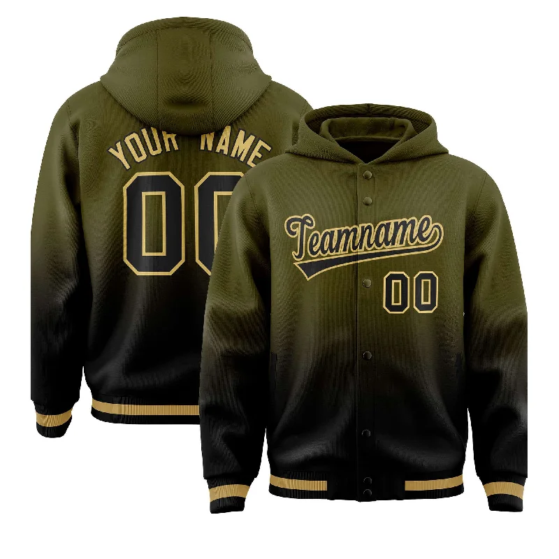 Custom Olive Black Varsity Full-Snap Letterman Gradient Jacket Hoodie