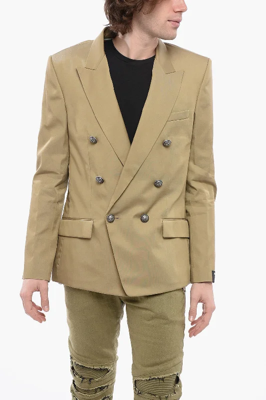 Balmain Double-Breasted Cotton Blend Unlined Blazer With Logoed Butt