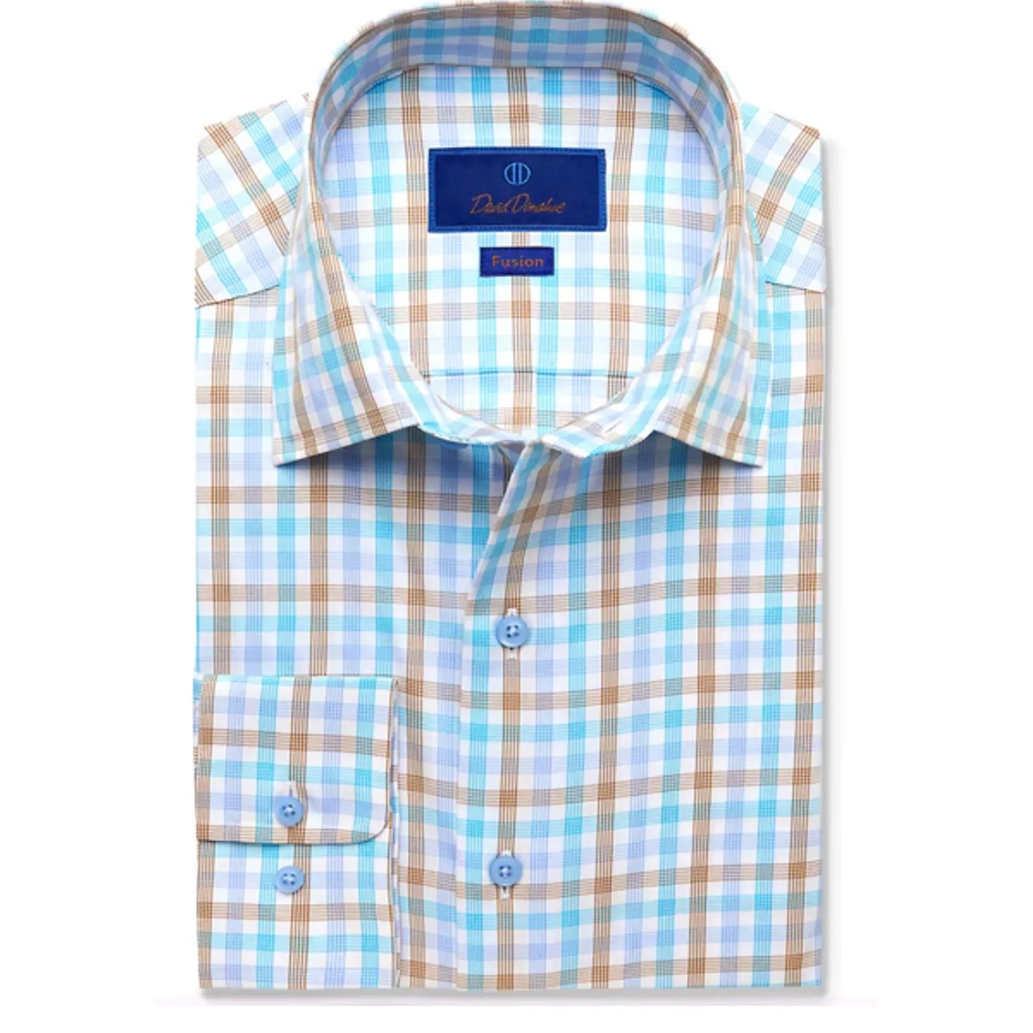 David Donahue Fusion Shirt (Blue/Tan Fine Plaid) Tailored
