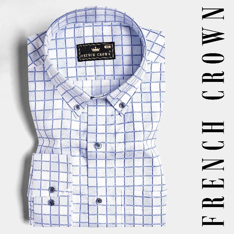 Bright White with Casper Blue and Black Checkered Dobby Textured Premium Giza Cotton Shirt Dynamic Men's Moto