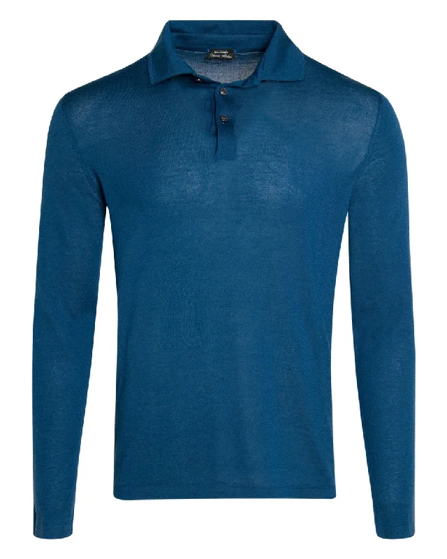 Marine Blue Long Sleeve Polo Modern Men's Geometric