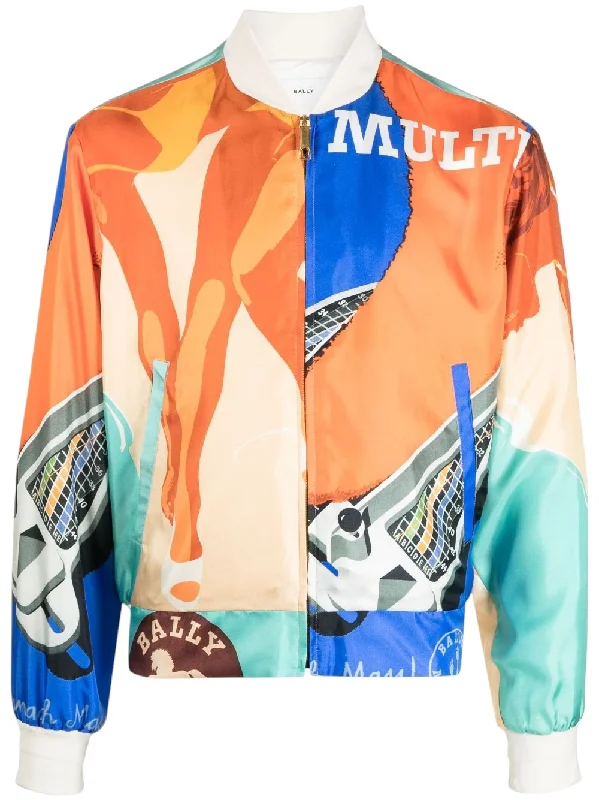 Bally 6304133 Men's Multicolor Silk Graphic-Print Bomber Jacket