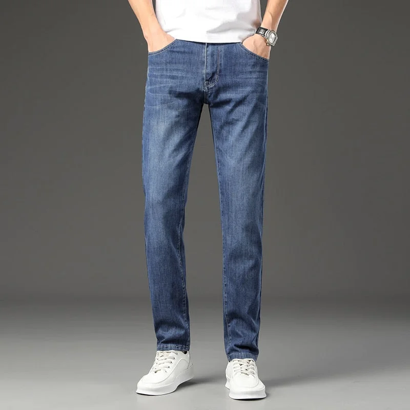 Men's Blue Casual Mid Waist Solid Pattern Full Length Straight Leg Jeans Youthful Men's Anime