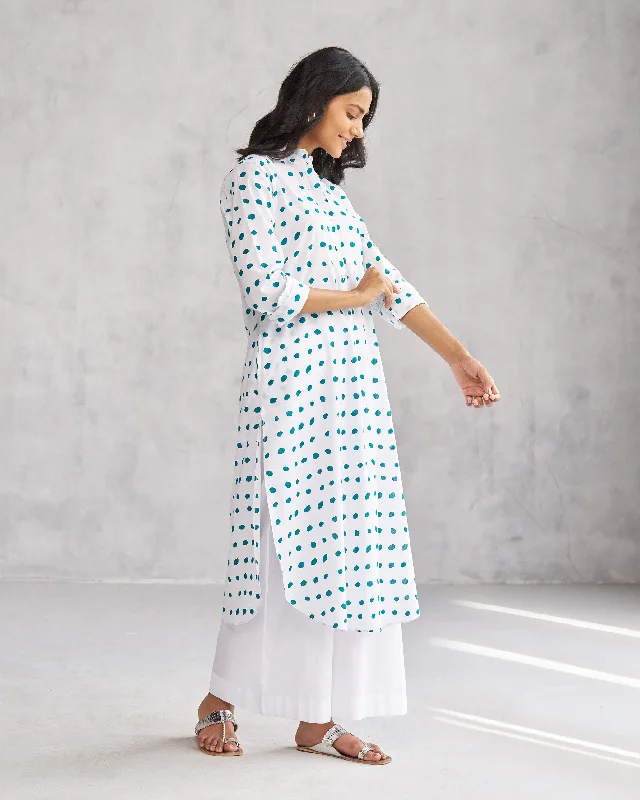 Basic Long Length Kurta - White & Teal Tssxnb Casual Men's Japanese 