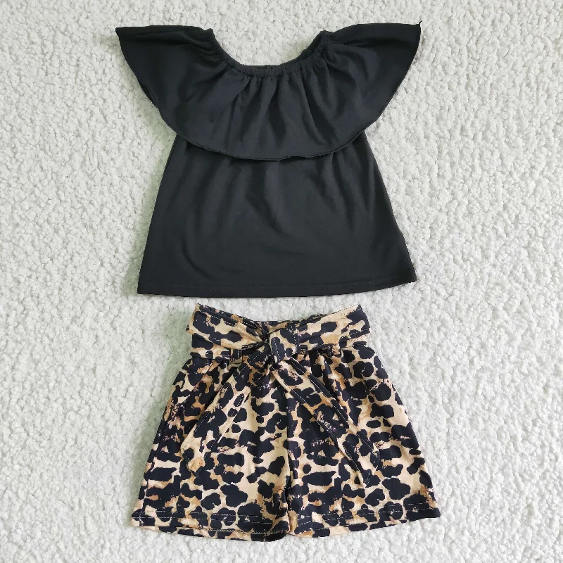 Clearance  GSSO0082 Girl's black one-line shoulder suit with leopard print shorts