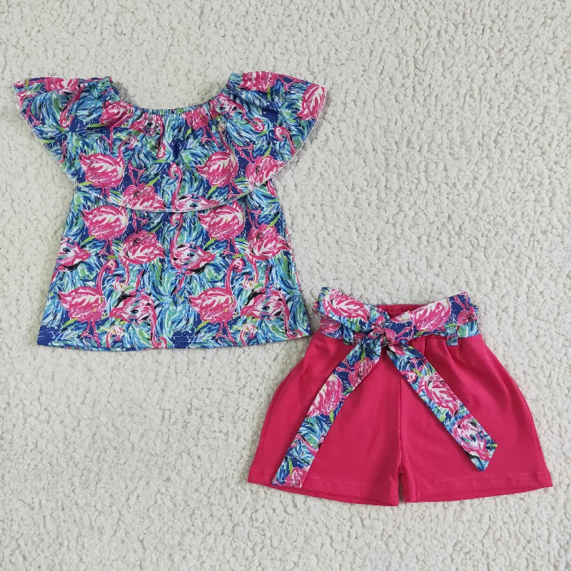 Clearance GSSO0101 Girls floral one-line shoulder bow rose-red shorts set high quality