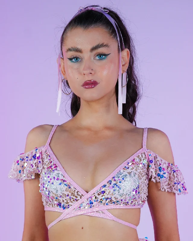 Pink Blush Sequin Net Ruffle Top Polished Men's Silk