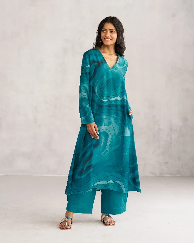 V-Neck Flare Kurta - Teal Tssxnb Stylish Men's Tropical 