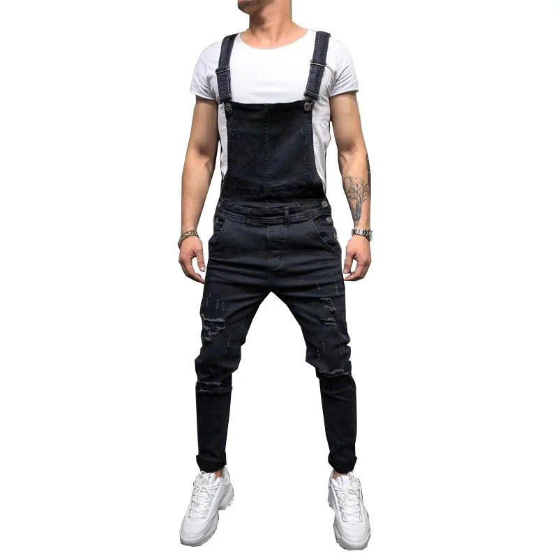 Men's Fashion Ripped Jumpsuits Street Distressed Denim Bib Overalls Modern Men's 
