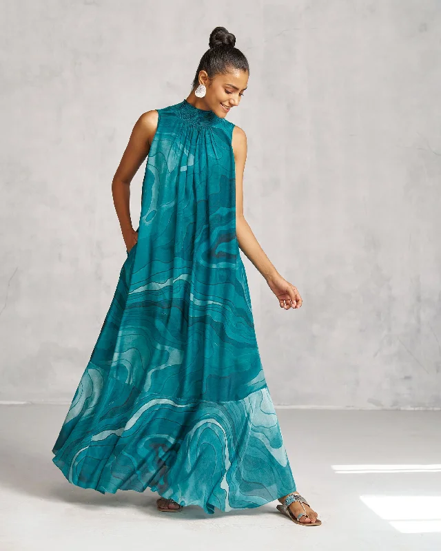 Smocked Neck Dress - Teal Tssxnb Hip Men's Retro