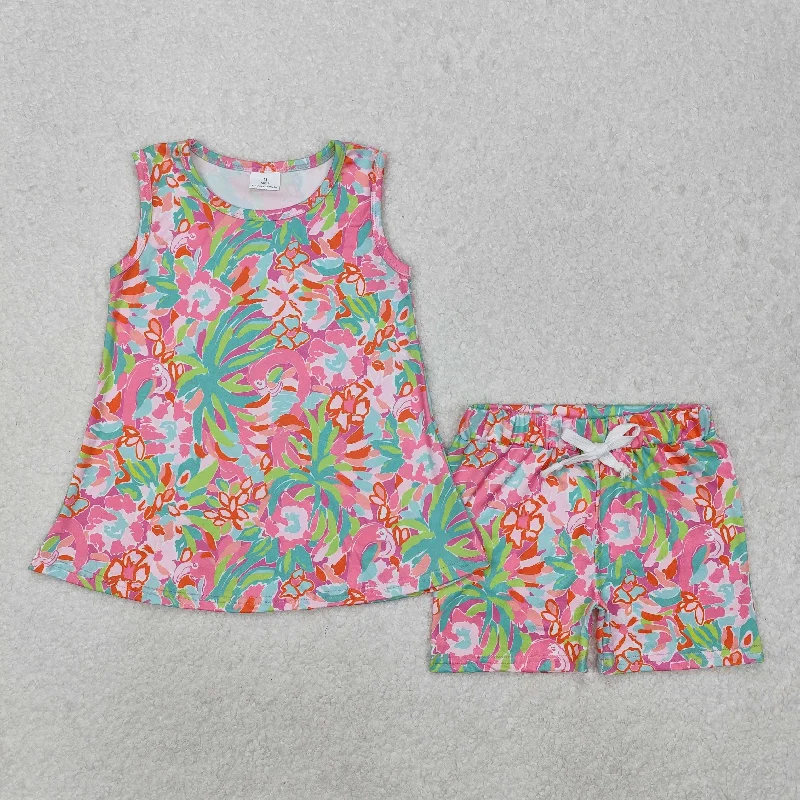 GSSO1749 Rose Red Green flower leaf vest shorts set Girls clothing sets summer outfit RTS 202501