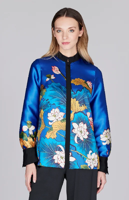 Lotus Print Mandarin Collar Blouse w/ Relaxed Sleeve Athletic Men's Compression