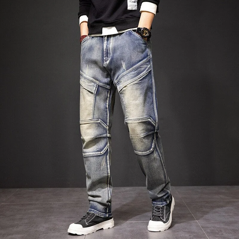 Men's Patchwork Casual Denim Multi-Pocket Straight Leg Cargo Pants Athletic Men's Compression
