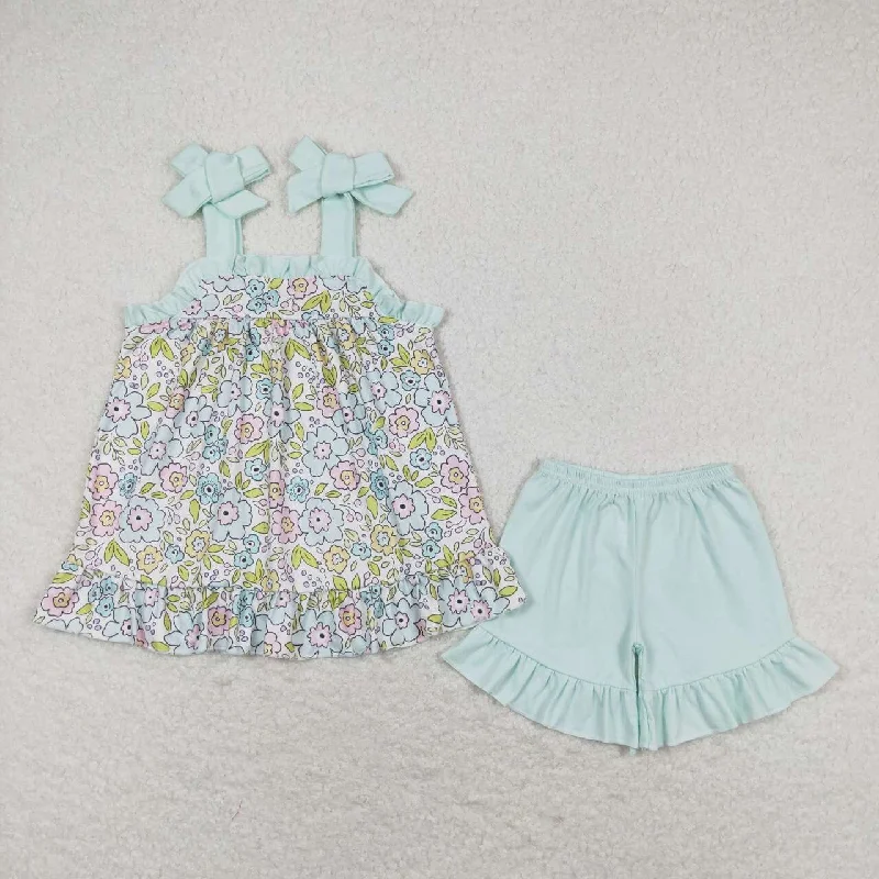 GSSO1018 Floral light blue lace suspender shorts set kids clothing sets for girls