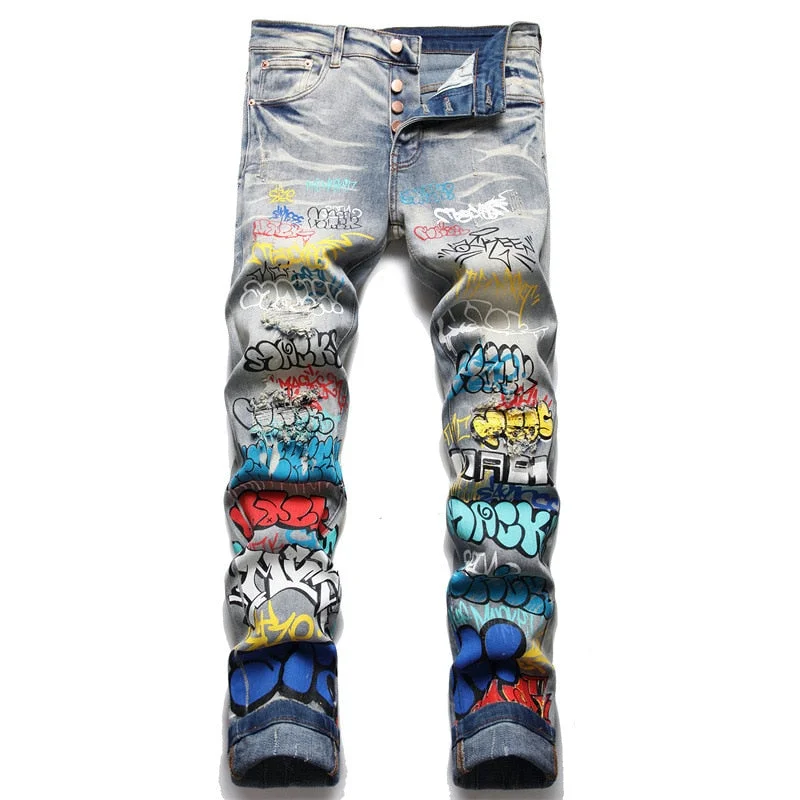 Men's Vintage Denim Doodle Printed Ripped Button Fly Stretch Jeans Artistic Men's Hand