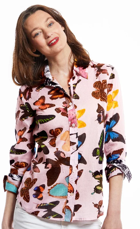 Rome Shirt with 3/4 Sleeve, Pink Butterflies Casual Men's Short