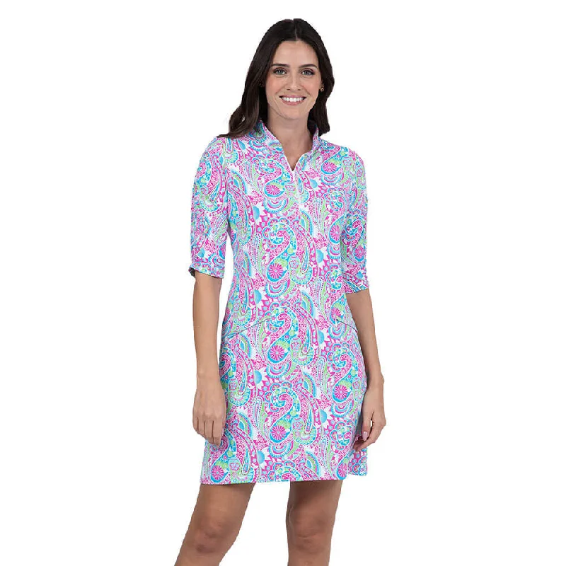 IBKUL Women's Gloria Print Elbow Sleeve Dress - Hot Pink/Turquoise Refined Men's Velvet