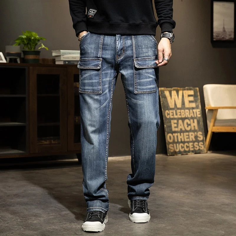 Plus Size Men's Solid Denim Patchwork Straight Leg Baggy Jeans Trousers Sleek Men's Contemporary 
