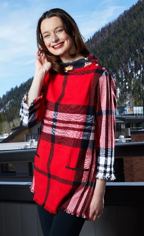 Aspen Cowl Neck Tunic With Fringe And Button Neck In Red Yarndyed Flannel Plaid Modern Men's 
