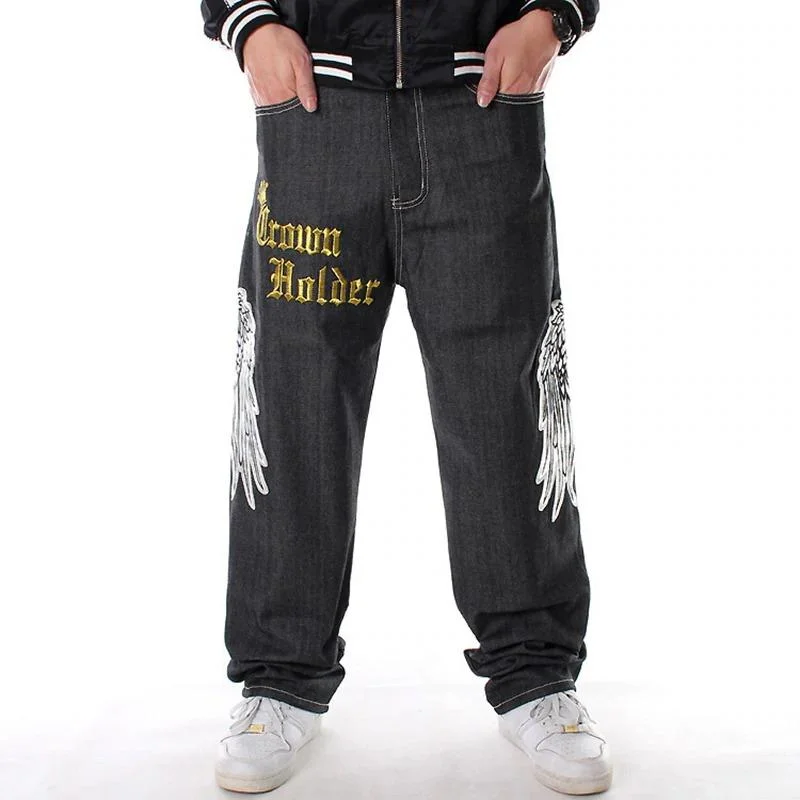 Hip Hop Plus Size Jeans for Men Loose Denim Pants with Hawk Wings Dynamic Men's High