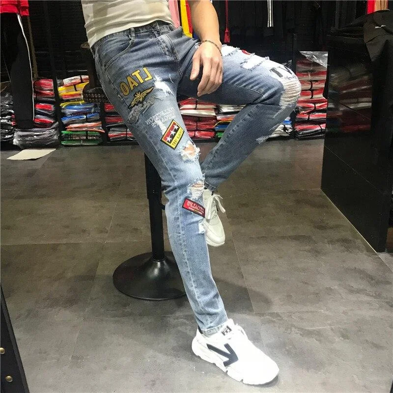 European Style Fashion Men's Embroidered Mid-Waist Denim Skinny Trousers Modern Men's Tech
