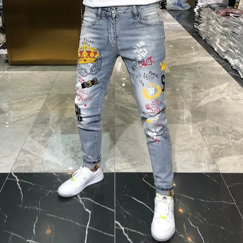 Casual Spring Men's Crown Printing Slim-fit Skinny Straight-Leg Jeans Joggers Dynamic Men's Glow