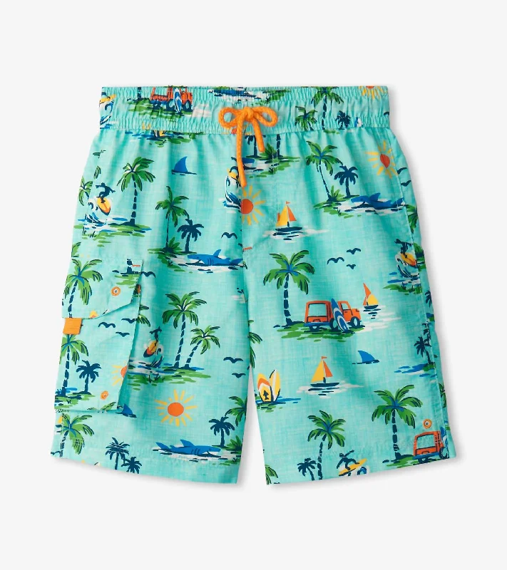 Boy's Vintage Holiday Board Shorts In Mint Green Elegant Men's Cashmere