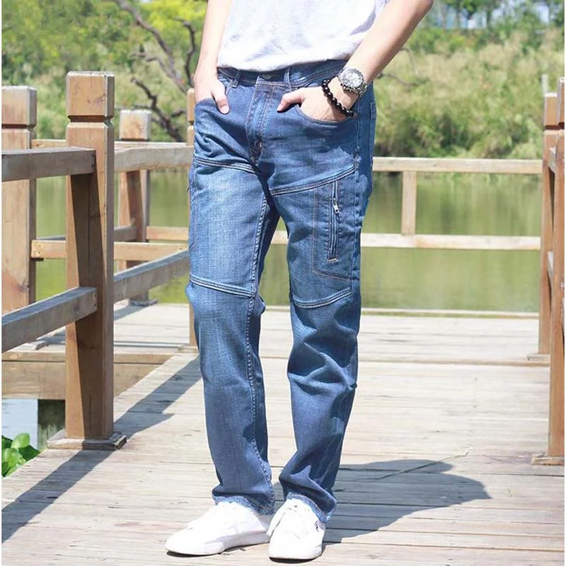 Men's Casual Denim Solid Pattern Loose Fit Zipper Straight Pants Youthful Men's Pop